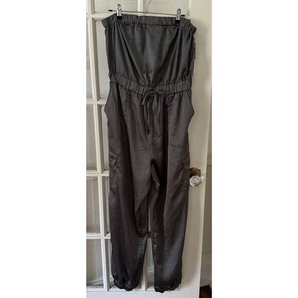 Satin Cargo Jumpsuit Womens XL Sincerely Jules Strapless Grey - Picture 1 of 10